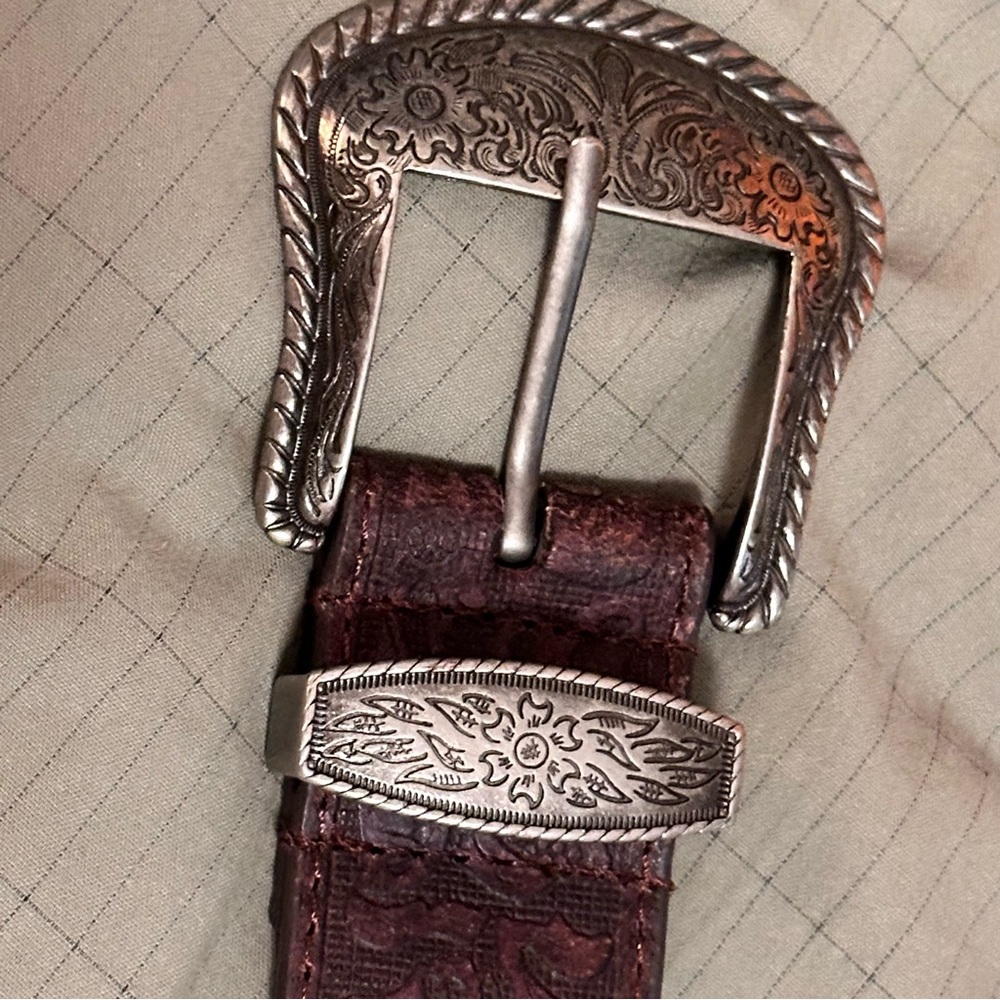 Brown Embossed Leather Belt with Silver Buckle And Turquoise Size M